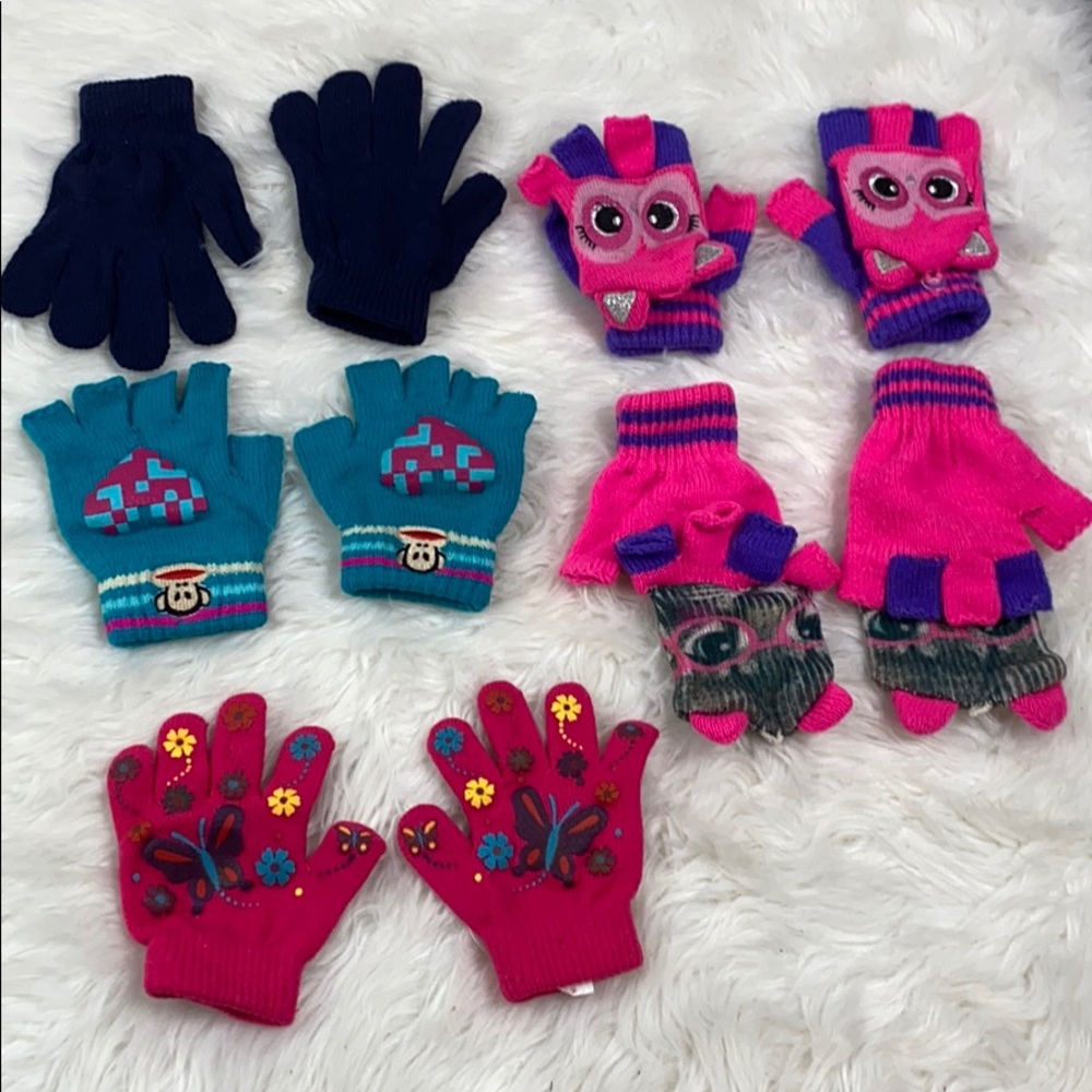 girl child glove mittens cat heart butterfly lot 5